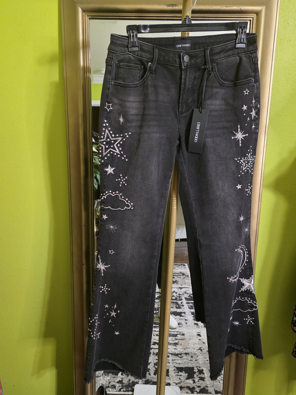 DRIFTWOOD Black Jeans with Crystal Star & Moon Embroidery